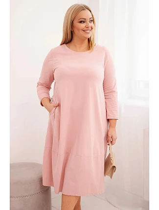 Dámske bavlnené plus veľkosť šaty s otočenými rukávmi a vreckami Powder Pink