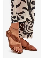 Sandały Damskie Z Naturalnej Skóry Na Płaskim Obcasie Zazoo 3564 Camel