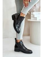 Lakierowane Niskie Botki Damskie Na Płaskim Obcasie Ocieplane Czarne S.Barski HY42-120 Czarne