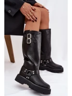 Kožené dámské kozačky s přezkami zateplené Big Star OO274A180 černé Kožené dámské kozačky s přezkami zateplené Big Star OO274A180 černé
