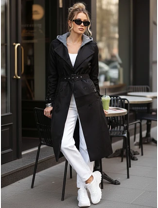 Dámsky dvojradový kabát s kapucňou čierny FashionStreet TY5654