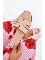 Klapki Damskie Na Płaskim Obcasie Z Wycięciami Eko Skórzane Beżowe Ecapus