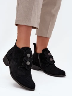 Zamszowe Półbuty Damskie Z Ozdobnymi Kwiatkami Zazoo 3080 Czarne