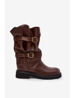 Marszczone Kozaki Damskie Do Połowy Łyski Z Paskami I Klamrami Brązowe Halvessa