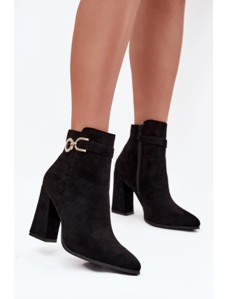Eko Zamszowe Botki Na Słupku Z Ozdobą Czarne Lymall