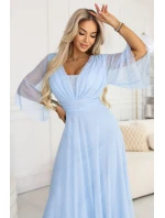 654-3 Dlhé trblietavé plus size šaty s výstrihom a priehľadnými rukávmi - modré