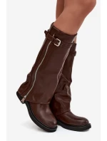 Kozaki Damskie Z Wywiniętą Cholewką Klamrą I Srebrnym Zamkiem Ocieplane Brązowe Bressa