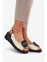 Skórzane Lakierowane Sandały Damskie Na Koturnie z Ozdobą Artiker 56C1567 Beżowe