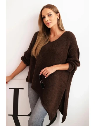 Plus veľkosť dámske vlnené asymetrické V-neck sveter Brown