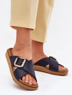 Skórzane Klapki Damskie Z Klamrą Inblu ED0003IU Granatowe