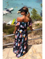 Dlhé dámske čierne šaty s farebnými kvetmi a španielskym výstrihom model 7118058 Dlhé dámske čierne šaty s farebnými kvetmi a španielskym výstrihom model 7118058