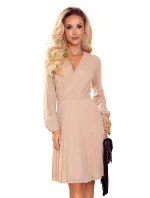 ISABELLE - Béžové dámske plisované šaty s dekoltom a dlhými rukávmi 313-9