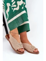 Sandały Damskie Z Ozdobą Na Płaskim Obcasie Eko Zamszowe Beżowe Ralisses