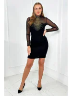 Pletené šaty s tylovými rukávmi a výstrihom čierny
