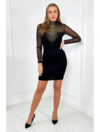 Pletené šaty s tylovými rukávmi a výstrihom čierny