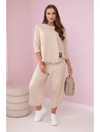 Bavlnená mikina nohavice set béžová
