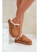 Kapcie Damskie Na Grubej Podeszwie Z Futerkiem I Klamrą Camel Linneola