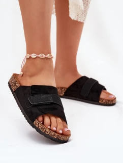 Klapki Damskie Z Rzepem Na Korkowej Platformie Czarne Baylin