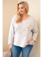 Dámske bavlnené Plus veľkosť V-neck blúzka béžová