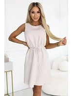 296-17 VICTORIA Trapézové šaty bez rukávov s opaskom - béžové