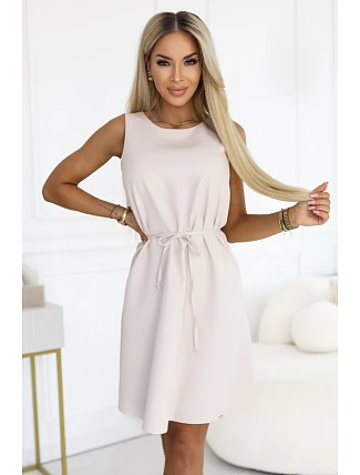 296-17 VICTORIA Trapézové šaty bez rukávov s opaskom - béžové