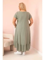 Dámske plus size šaty s krátkymi rukávmi a volánom z ľahkej viskózy v khaki farbe
