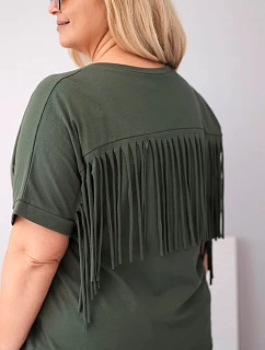 Dámska bavlnená blúzka s výstrihom do V a strapcami na chrbte khaki