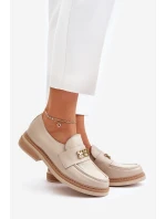 Zazoo 20174 Skórzane Eleganckie Półbuty Damskie Na Płaskim Obcasie Beżowe
