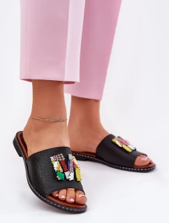 Klapki Damskie Na Płaskim Obcasie Z Ozdobą Czarne Clelione