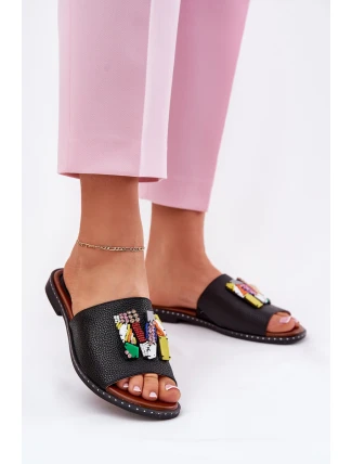 Klapki Damskie Na Płaskim Obcasie Z Ozdobą Czarne Clelione