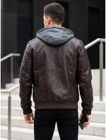 Pánska kožená zateplená bunda s kapucňou, hnedá, FashionStreet TX5136