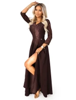 309-14 AMBER elegantné dlhé čipkované šaty s výstrihom - čokoládové