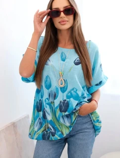 Dámske bavlnené tričko s kvetinovým vzorom modré