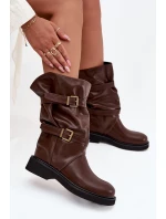 Marszczone Kozaki Damskie Do Połowy Łyski Z Paskami I Klamrami Brązowe Halvessa