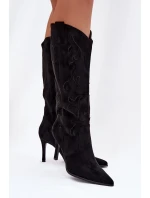 Dámské kozačky na podpatku cowboye z eko semiše černé Belonia