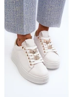 Skórzane Sneakersy Damskie Na Platformie Z Przypinkami D&A SN67 Białe