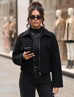Krátky dámsky kabát typu „baranek“ na zips, čierny, FashionStreet TY6059