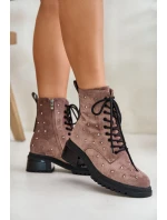 Zdobione Botki Workery Damskie Ocieplane D&A MR880-017 Taupe