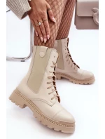 Skórzane Damskie Botki Workery Sznurowane Jasnobeżowe Nicole 2836
