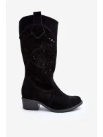 Zazoo 4043 Zamszowe Kozaki Na Niskim Obcasie Ażurowe Czarne