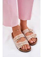 Materiałowe Klapki Damskie Na Korkowej Platformie Z Klamrami Beżowe Osoffe