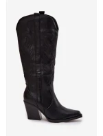 Kozaki Kowbojki Na Słupku Eko Skórzane Ocieplane Czarne Zareen