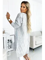486-1 Cardigan - kardigán s predĺženým chrbtom s diamantmi - GREY