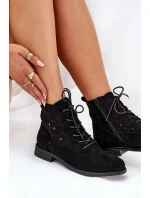 Sznurowane Botki Z Ażurowym Wzorem S.Barski HY51-136 Czarne