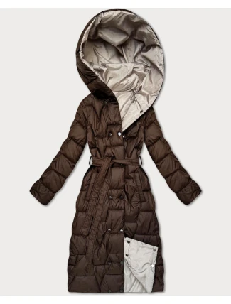 Minoritský obojstranne prešívaný prechodný kabát s dĺžkou po kolená, čokoládovo-béžový (M6-6015-103+62)