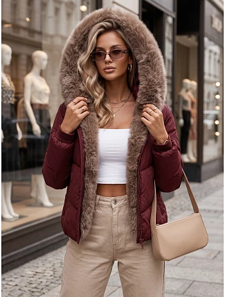 Dámska zimná prešívaná bunda s kožušinou, bordová, FashionStreet TY5985