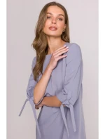 S393 Šaty áčkového strihu so zaväzovacími rukávmi - holubičia sivá