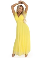 562-8 NASTIA Dlhé šaty so srdiečkovým výstrihom, podšívkou a krátkymi rukávmi - citrónové limoncello