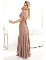 581-4 JENNIFER trblietavé dlhé šaty s rukávmi a výstrihom - MOCHA MOUSSE WITH BROKER