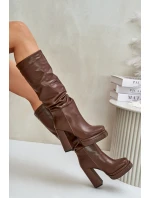 Wsuwane Kozaki Na Słupku I Platformie Z Marszczeniem Ocieplane Brązowe Beridra